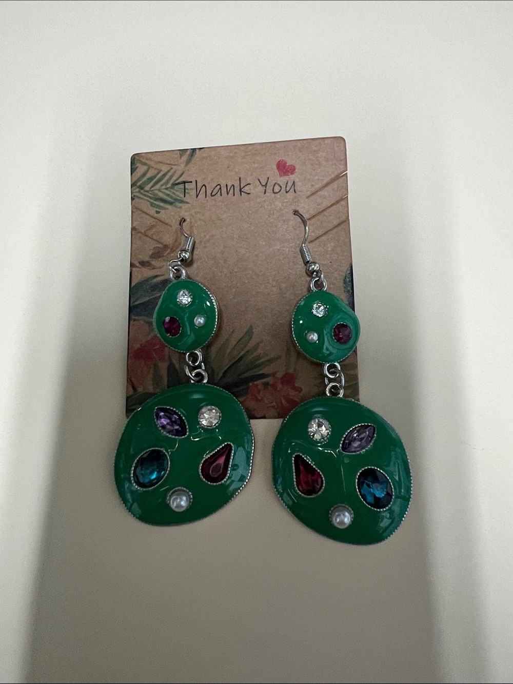 Source Unknown Green Enamel Dangle Earrings with Multicolor Gems